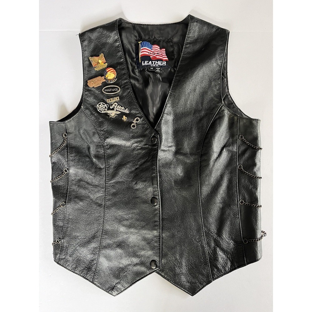 Women's VTG USA BLACK LEATHER BIKER MOTORCYCLE VEST MADE IN USA SIZE M